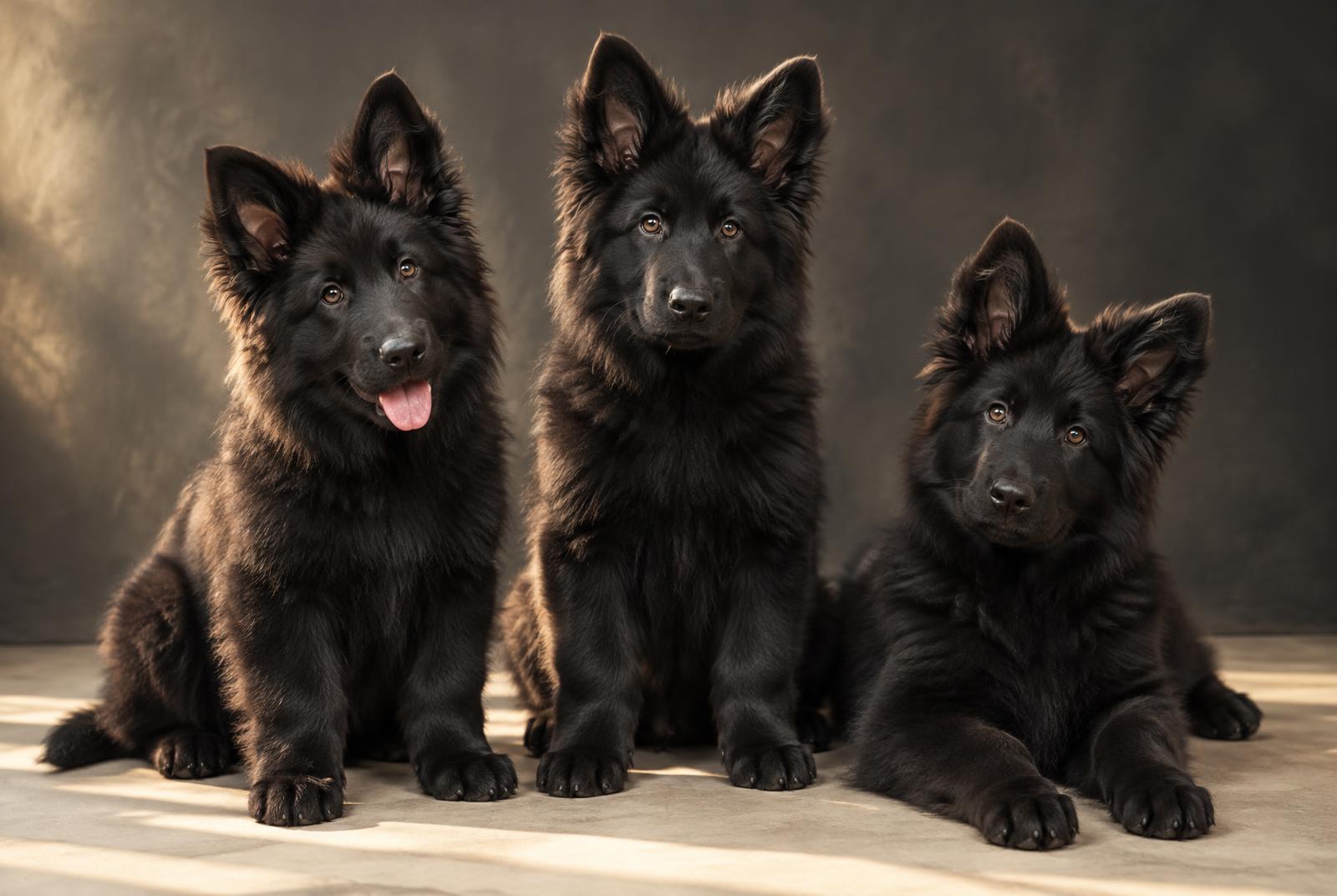 Three solid black long-coat German Shepherd puppies, placeholder breeder photography